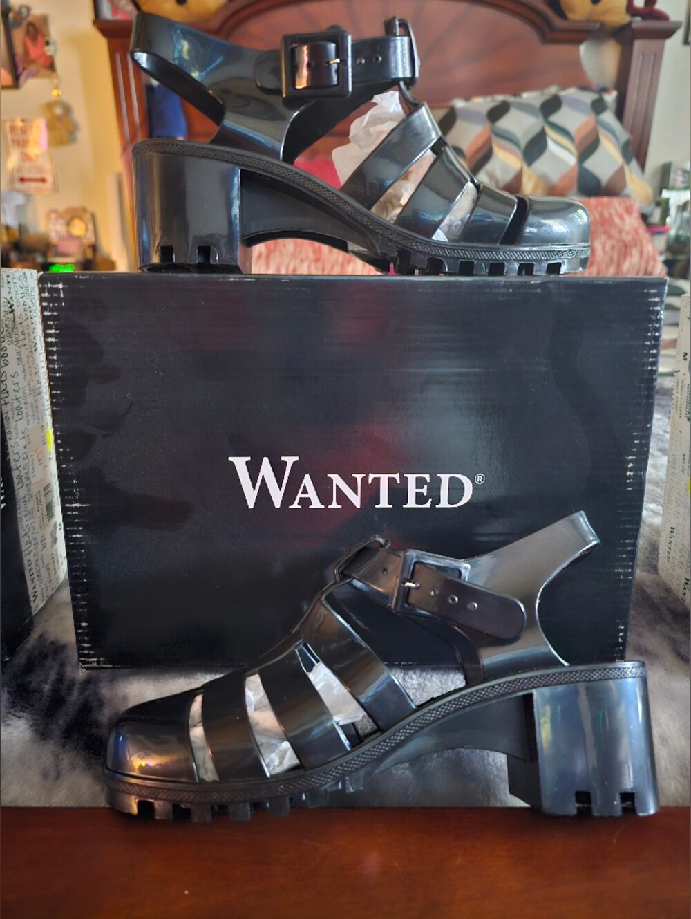 Wanted Black, Clear. Blue Patent Jelly Block Heel Sandals $11.00 Each